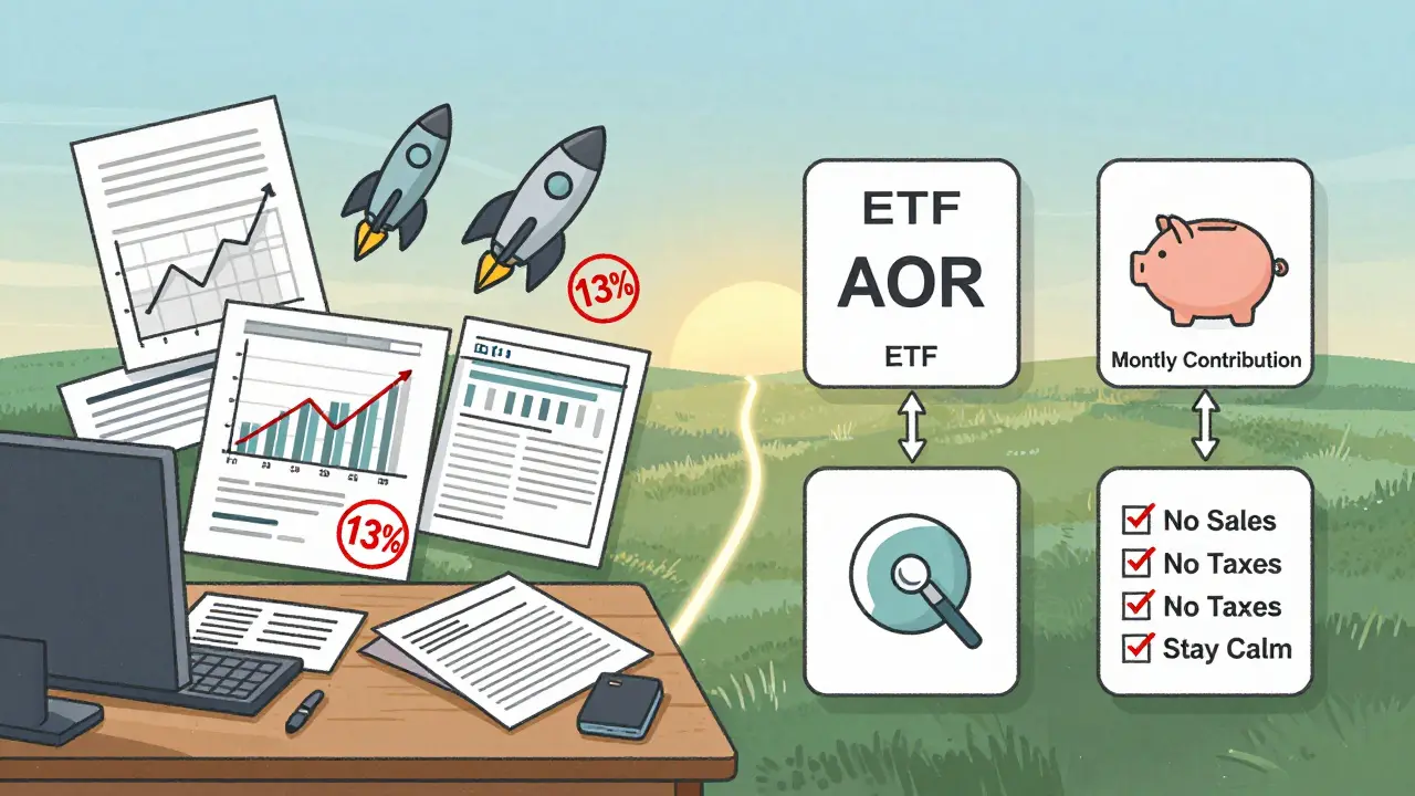 На столе хаос от акций и налогов слева, порядок и ETF справа — путь к спокойным инвестициям.
