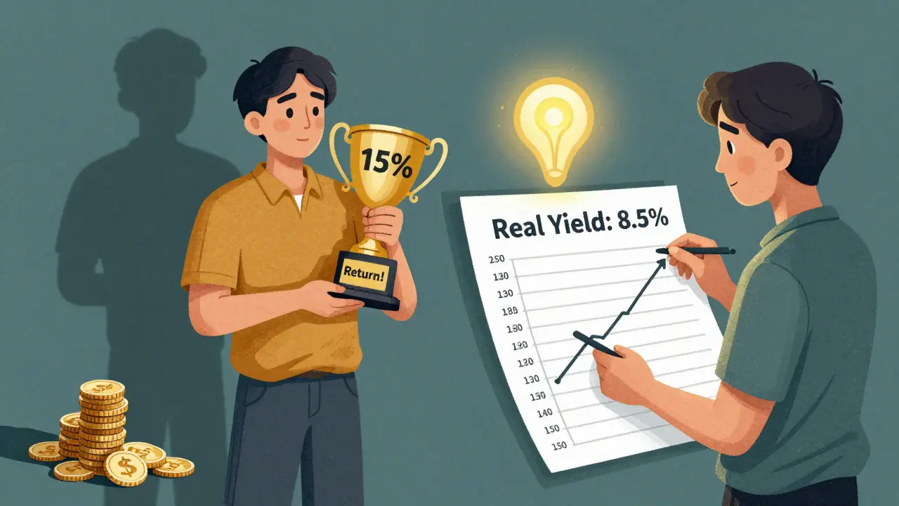 Разделённая сцена: один человек ошибочно радуется высокой доходности, другой точно считает реальную прибыль с помощью таблицы.