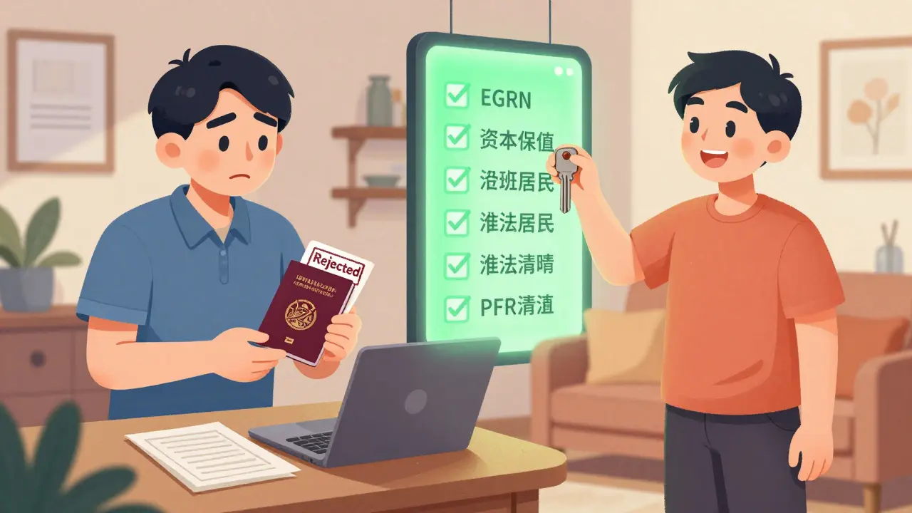 Разделённая сцена: слева — отказ в ипотеке из-за долгов и перепланировки, справа — успешная сделка с зелёными галочками.