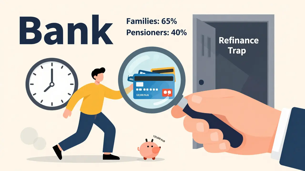 Рука банка анализирует финансы человека: кредиты, ипотека и маленький резерв, рядом — новые правила 2025 года и знак бесплатной помощи.