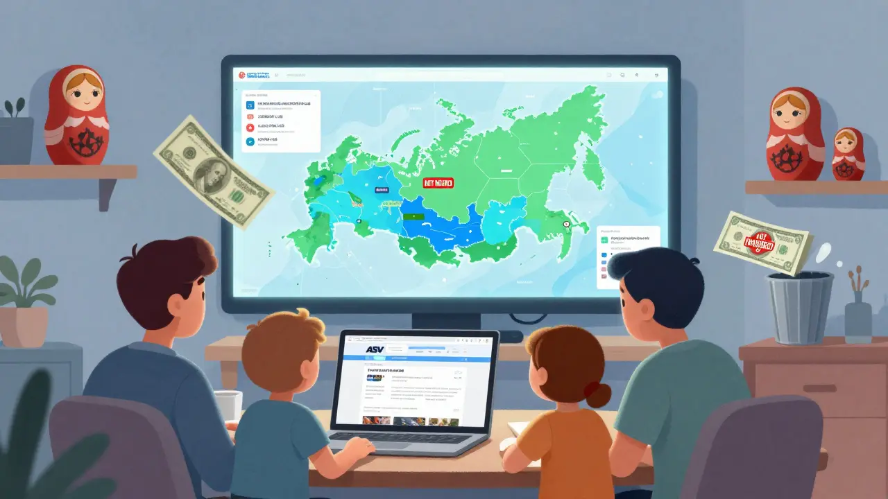 Семья проверяет сайт АСВ на ноутбуке, на карте России показаны безопасные счётные системы, валюта выбрасывается в мусор.