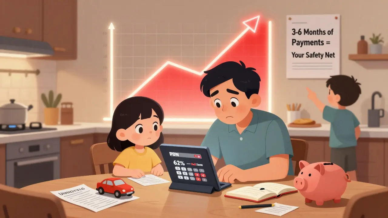 Семья за столом смотрит на экран с тревожным ПДН 62%, вокруг — счета, игрушка и пустая копилка.