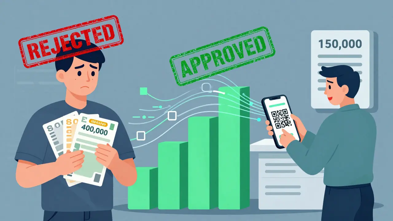 Сравнение отказа из-за скачка дохода и одобрения при стабильных поступлениях, с QR-кодом и банкоматом.
