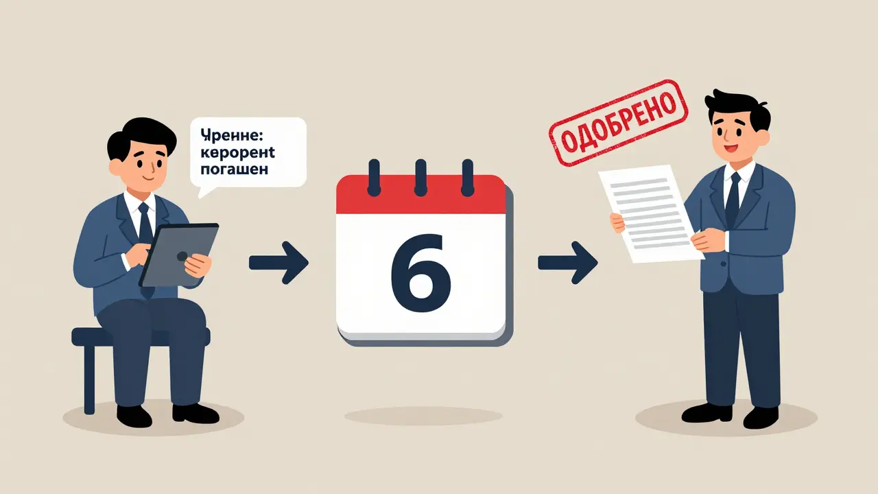 Таймлайн: проверка кредитной истории, ожидание 6 месяцев, одобрение кредита.