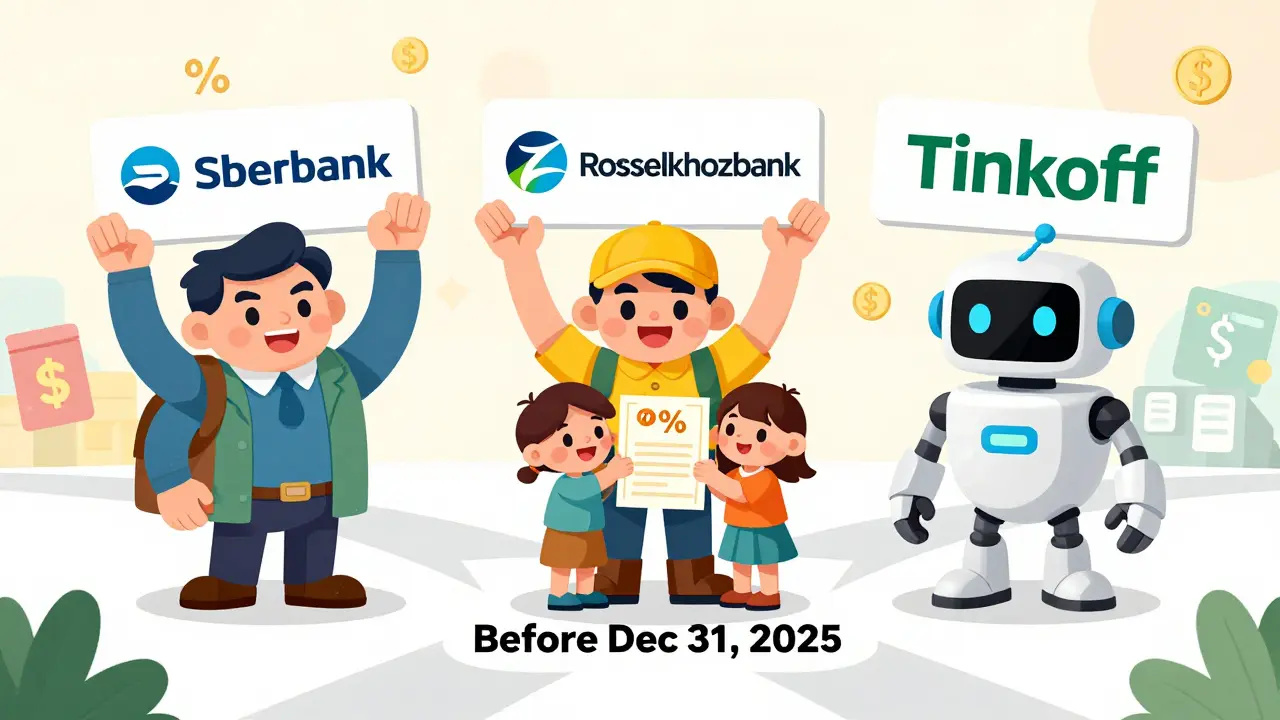 Три банка в виде персонажей предлагают разные условия рефинансирования, семья держит свидетельство о рождении ребёнка.