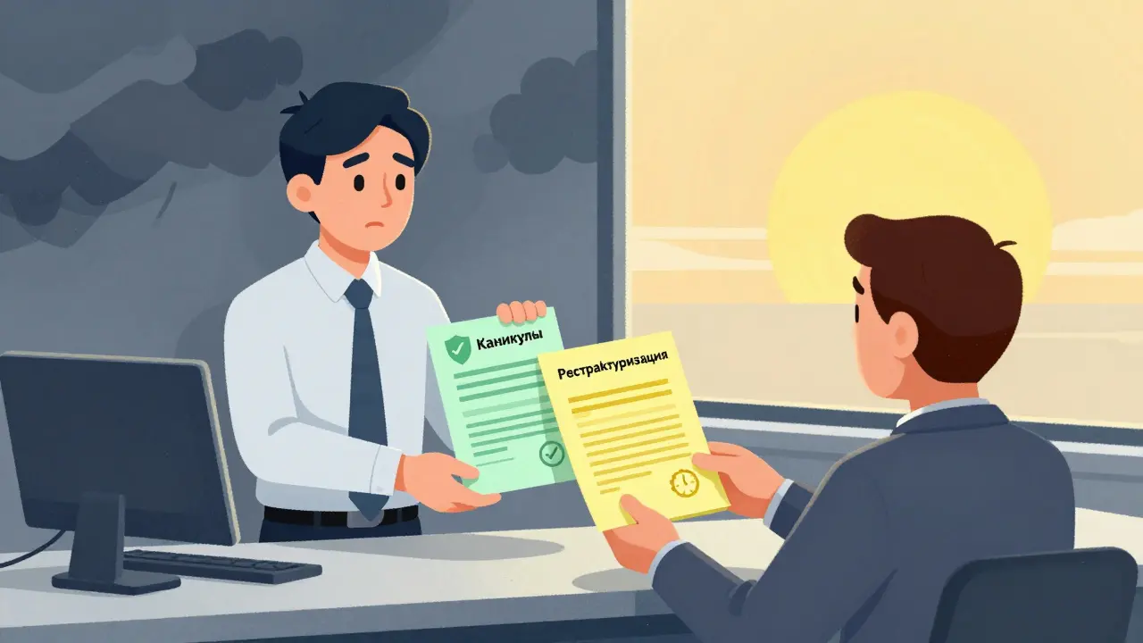 Банковский сотрудник выдает клиенту два документа: один для кредитных каникул, другой — для реструктуризации.