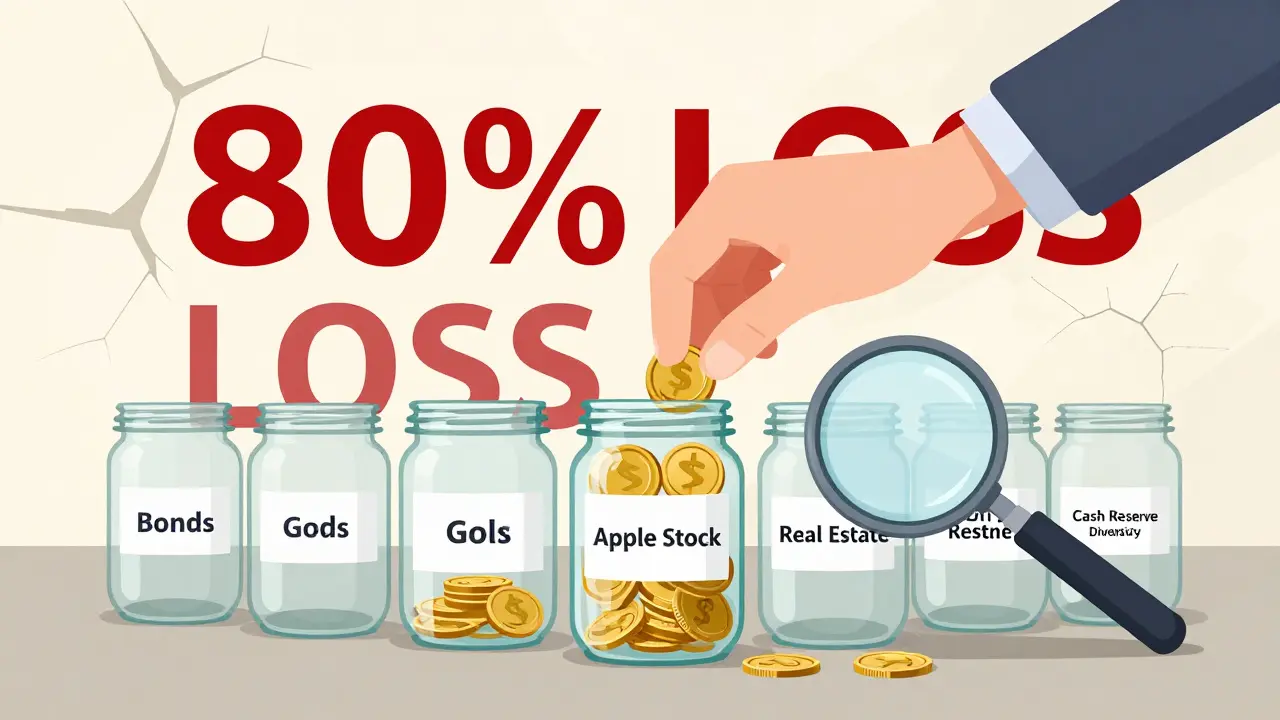 Человек кладёт все деньги в одну банку с акциями Apple, остальные инструменты остаются пустыми.