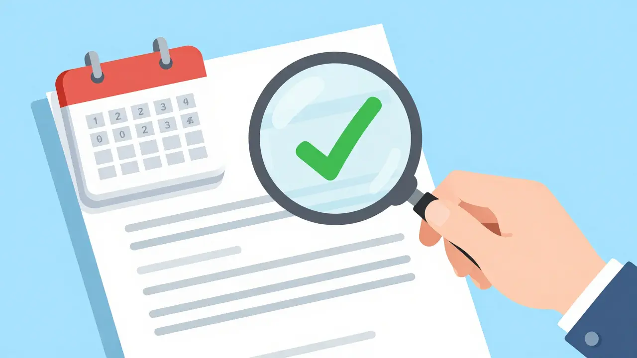 Человек осматривает договор с лупой, календарь с 12 месяцами и зеленая галочка.