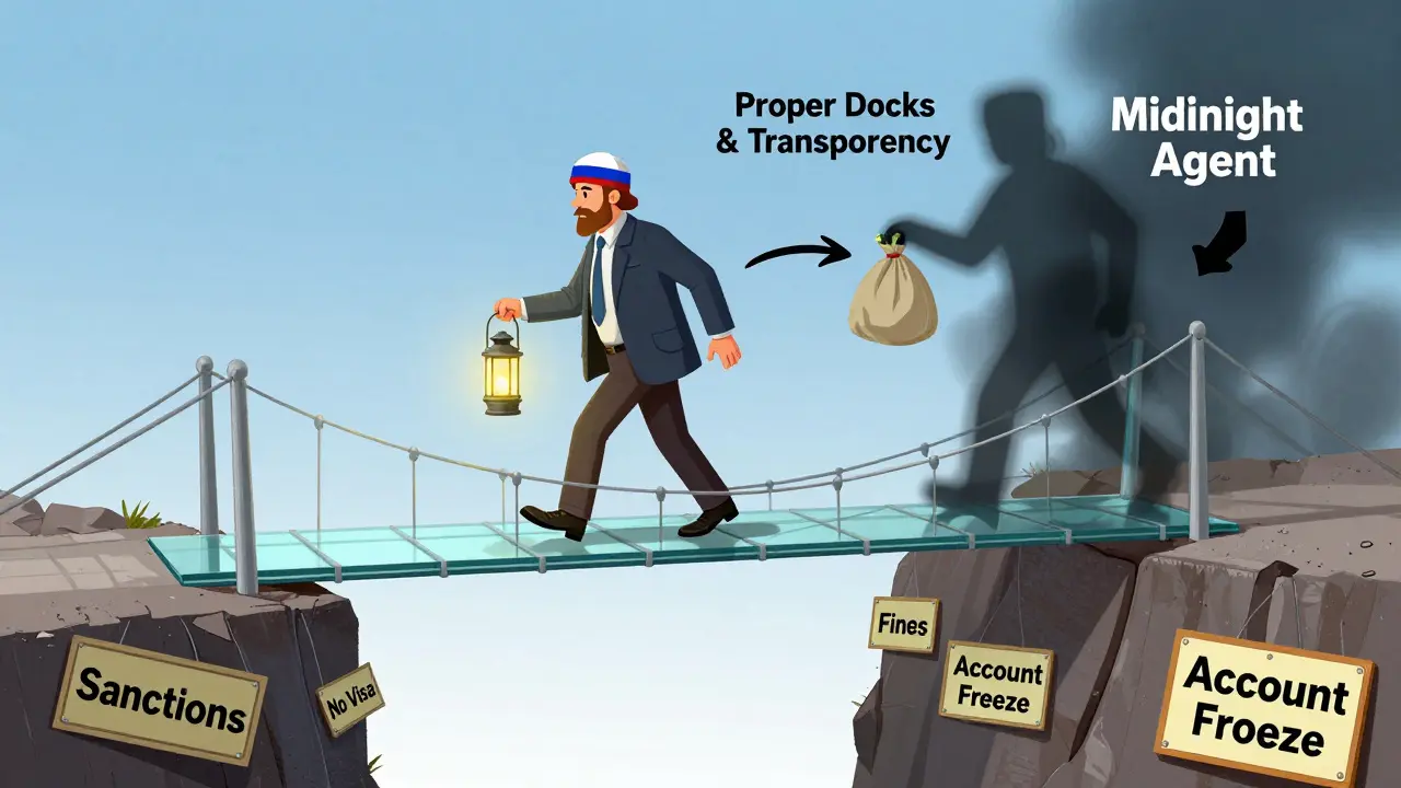 Человек переходит хрупкий мост к зарубежному счету, обходя опасности, а тень предлагает обман.