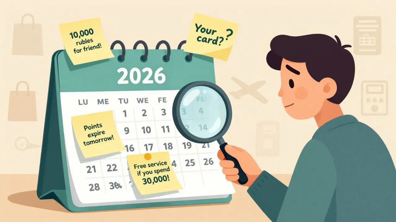 Человек с лупой рассматривает календарь 2026 года, на котором летят наклейки с банковскими бонусами и условиями.