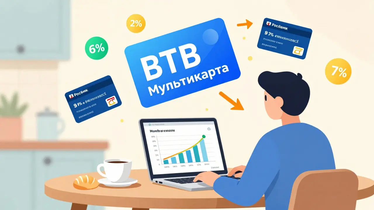 Человек смотрит на расходы на лаптопе, над ним — карта ВТБ с кэшбэком 2%, рядом — другие карты с процентами для продуктов, транспорта и кафе.