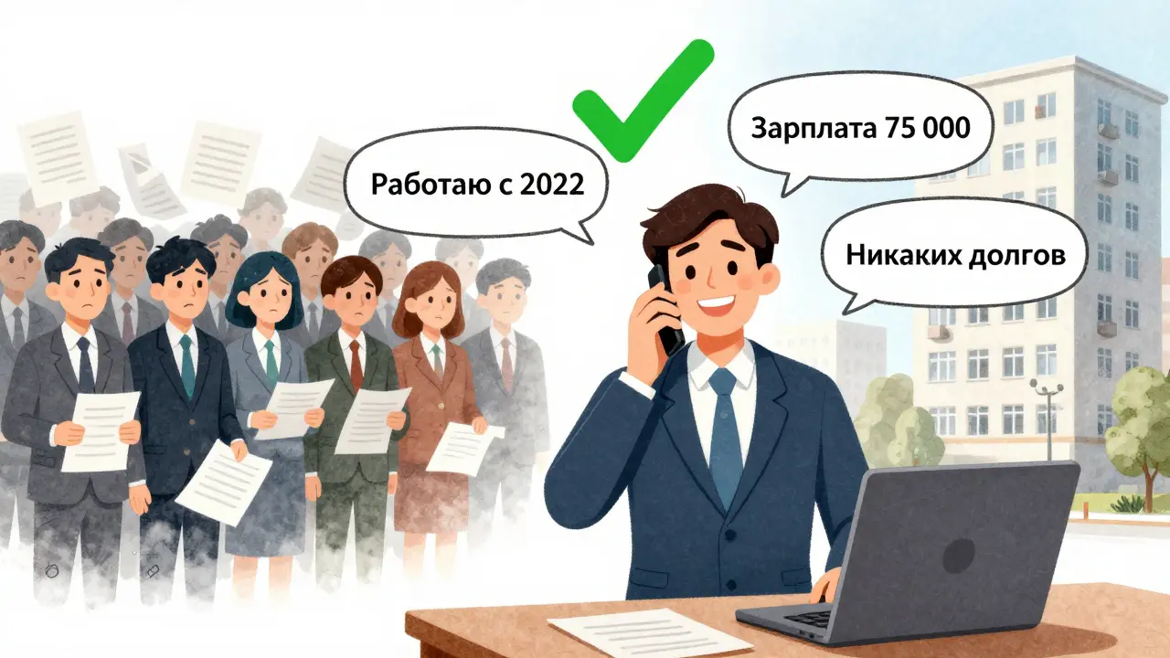 Человек уверенно отвечает на звонок банка, за ним — успешный образец, а другие провалившиеся — в тени.
