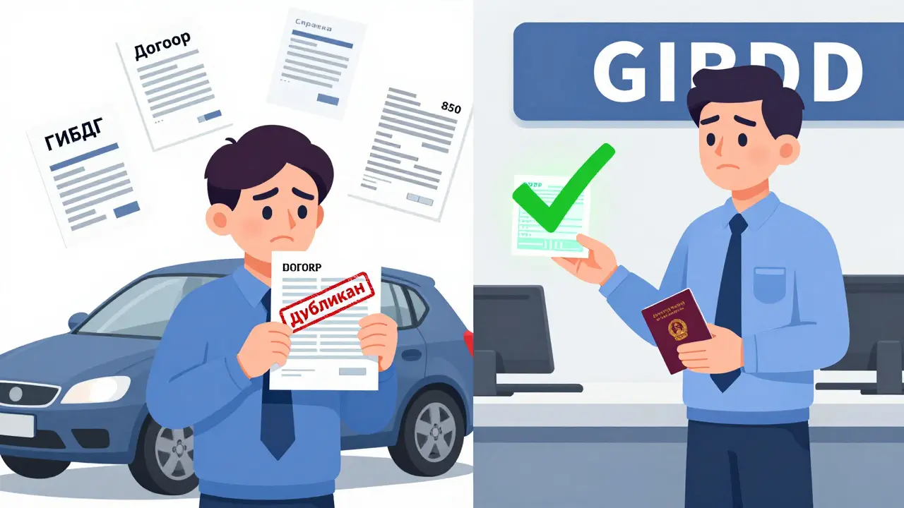 Человек в ГИБДД получает дубликат ПТС с отметкой 'Дубликат' и квитанцией об оплате