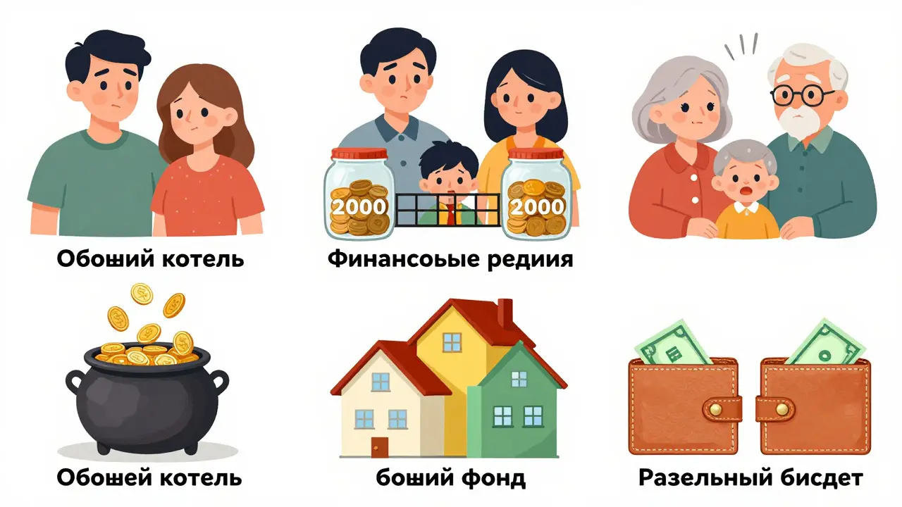 Четыре модели семейного бюджета в виде стилизованных домиков с разными способами распределения денег.