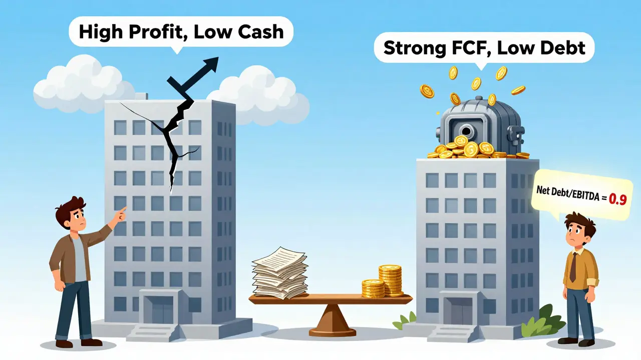 Две компании как здания: одна с высокой прибылью и пустыми кассами, другая — с низкой прибылью, но устойчивым денежным потоком.
