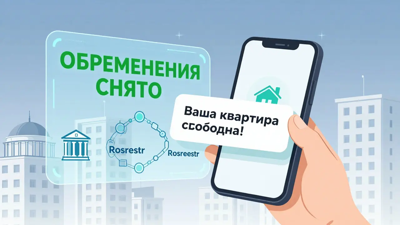 Холографическое уведомление 'Обременение снято' на квартире в 2026 году.