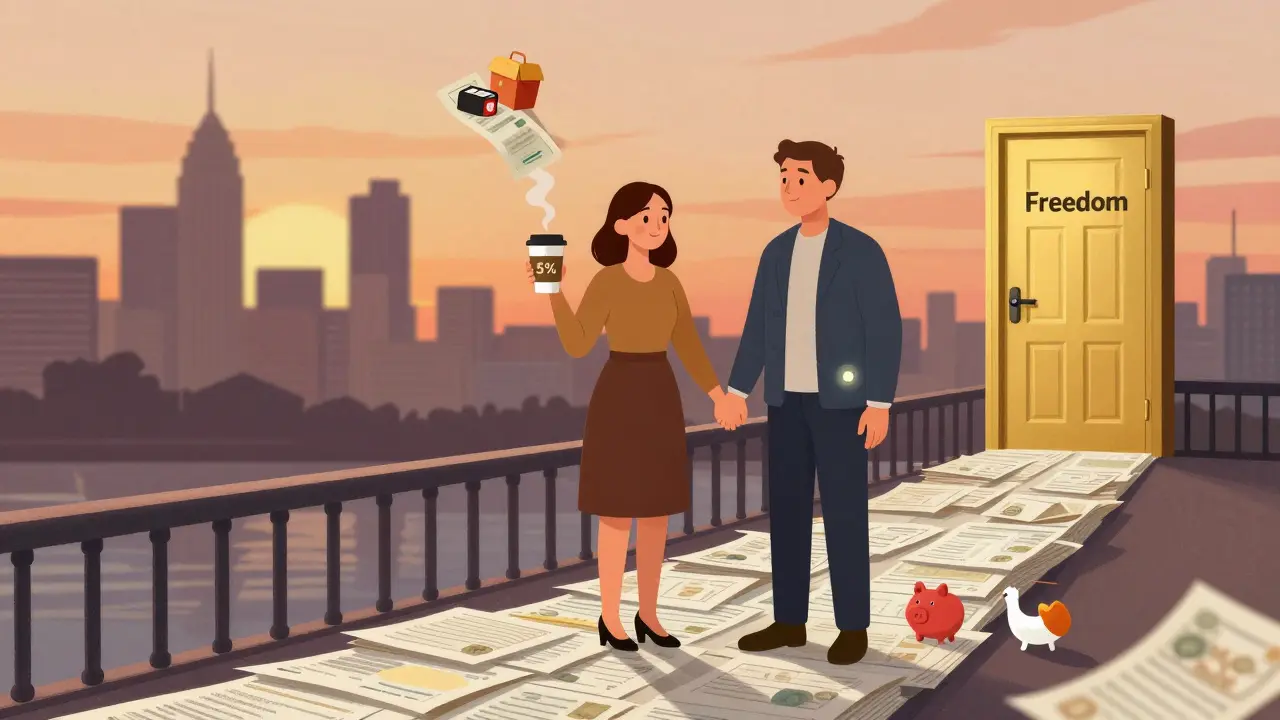 Пара на мосту из финансовых документов, ведущем к золотой двери 'Свобода', с кофе и копилкой, символизируя устойчивый бюджет.