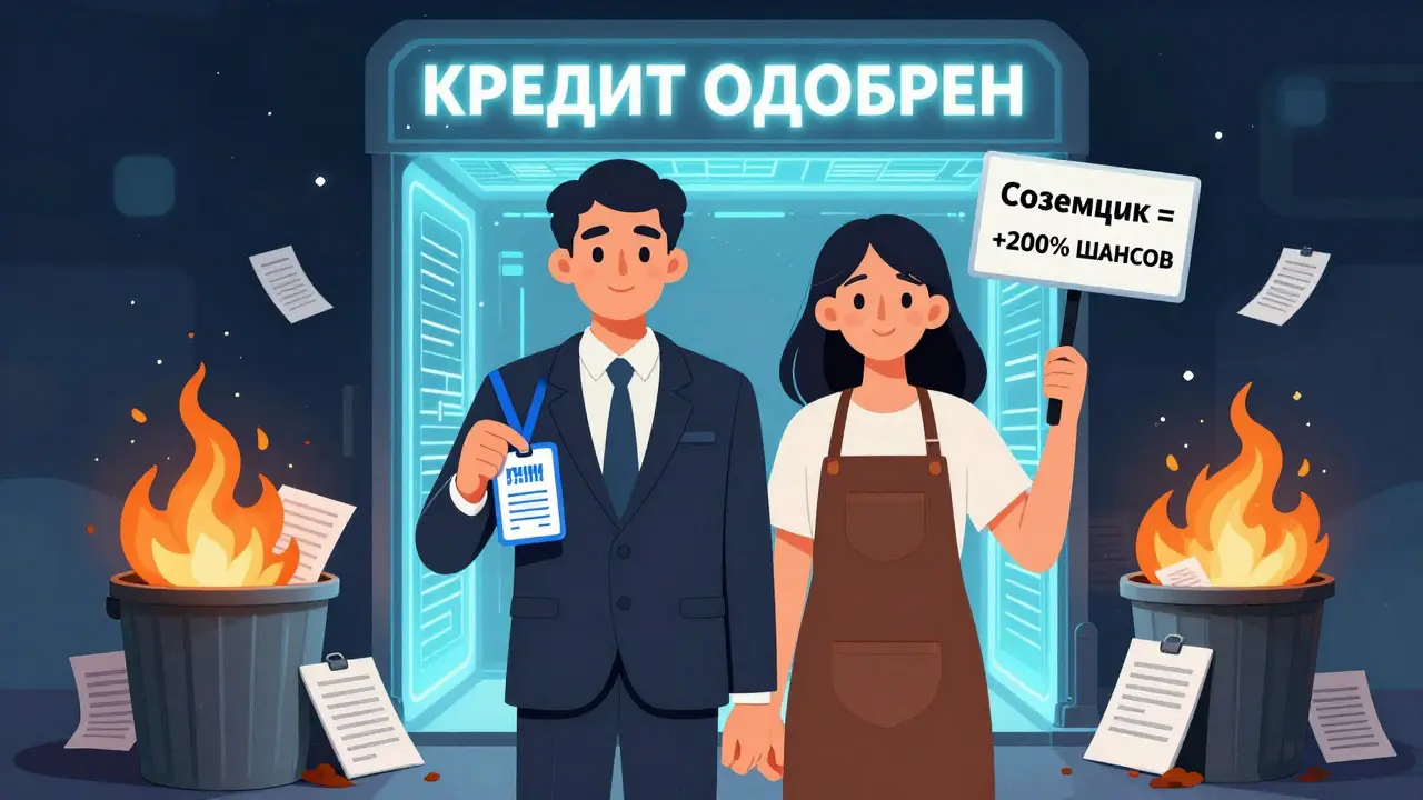 Пара с официальными доходами проходит через портал одобрения кредита, символизируя успех через созаемщика.