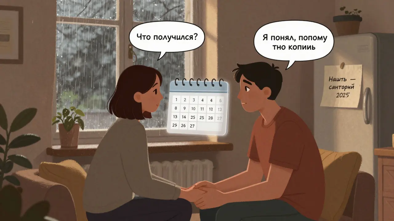 Пара ведёт ежемесячный разговор о финансах у окна, на холодильнике — записка о совместной цели.