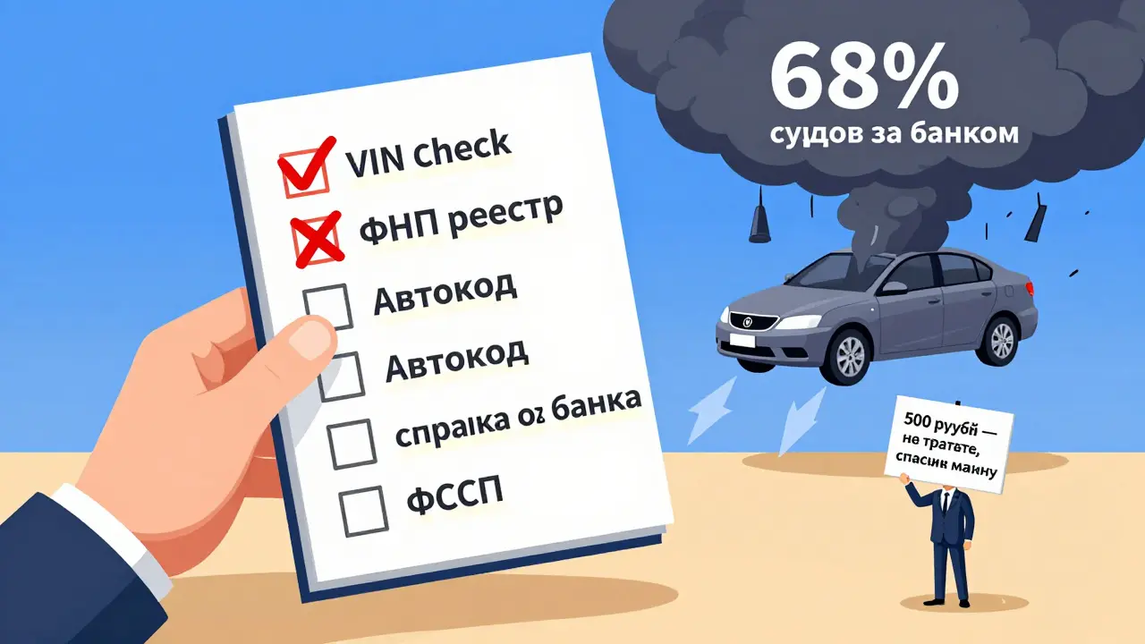 Плавающий чек-лист с галочками, три пункта зачёркнуты, машина исчезает в облаке судов, надпись: '500 рублей спасут машину'.