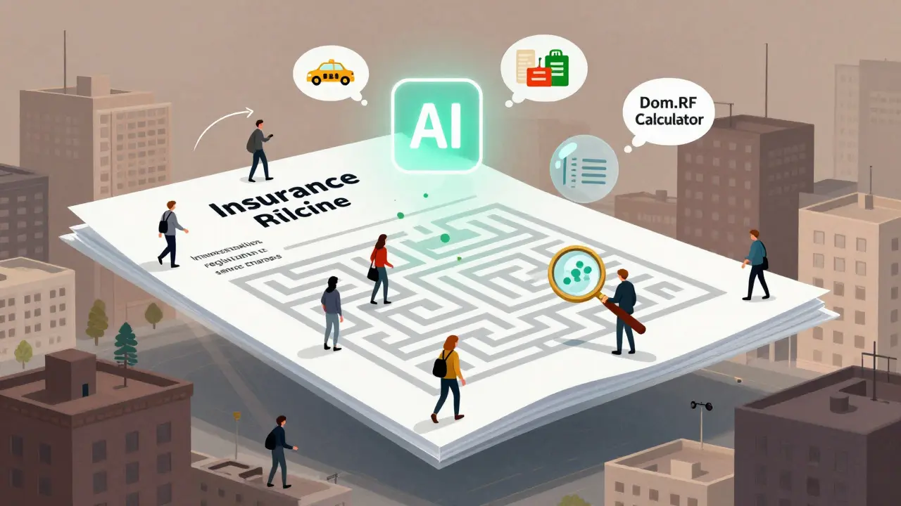 Прозрачный ипотечный договор над городом, люди ищут скрытые сборы с помощью калькулятора, над ними — ИИ-анализ.