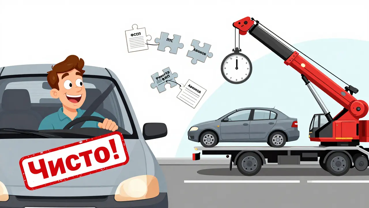 Разделённая сцена: счастливый водитель слева, машина на эвакуаторе справа, документы разбросаны как пазл.