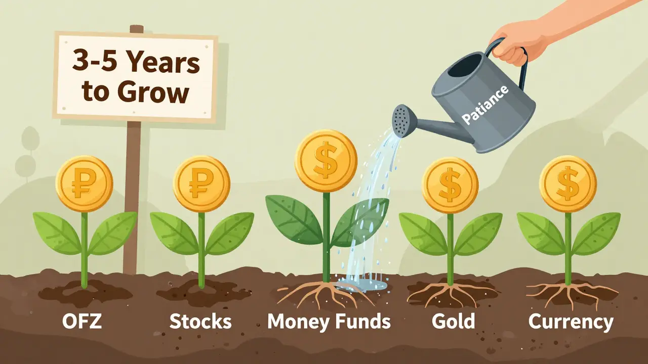 Сад с пятью растениями, обозначающими инвестиции, поливаемый водой из лейки с надписью 'Терпение'.