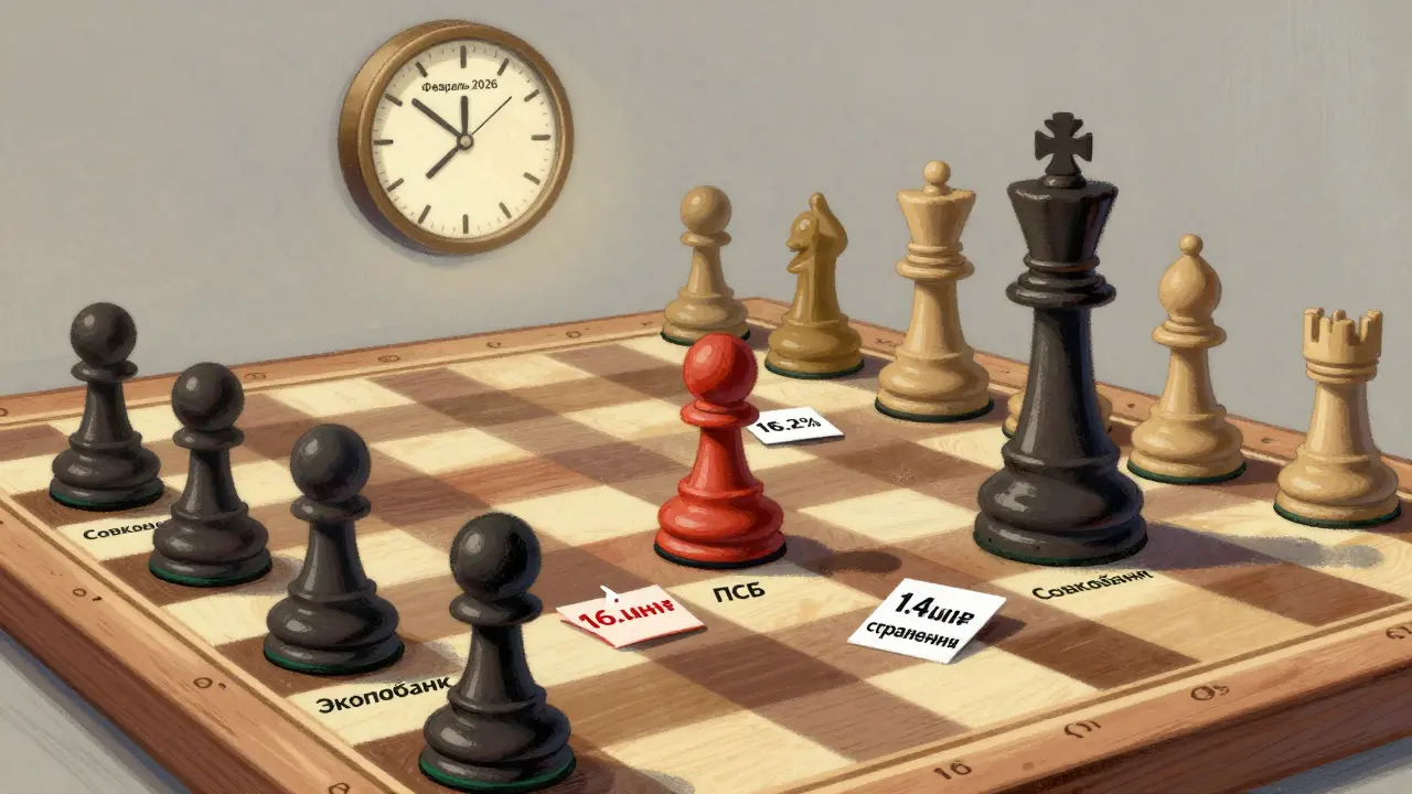 Шахматная доска: банки как фигуры, ПСБ продвигается к защите вкладов, таймер показывает февраль 2026.