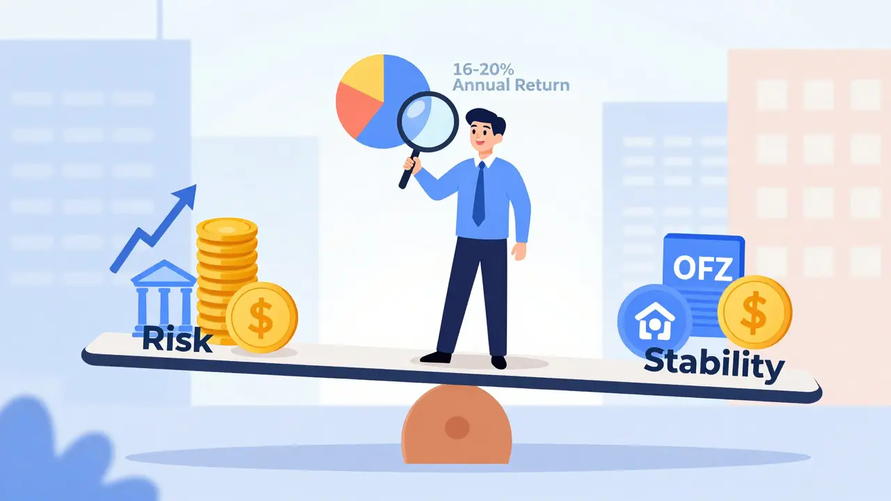 Сбалансированный seesaw с символами риска и стабильности, над которым стоит инвестор с диаграммой доходности 16-20%.
