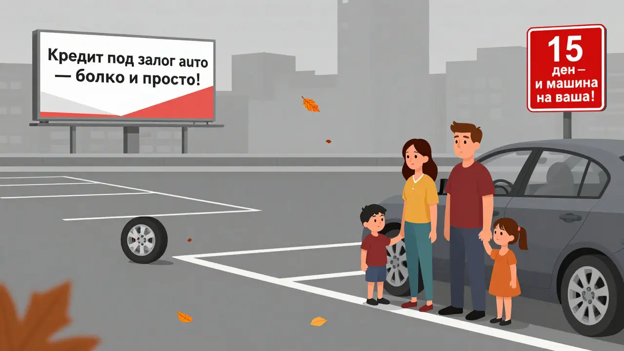 Семья стоит у пустого парковочного места, где раньше стояла машина, а вдалеке — реклама кредита.