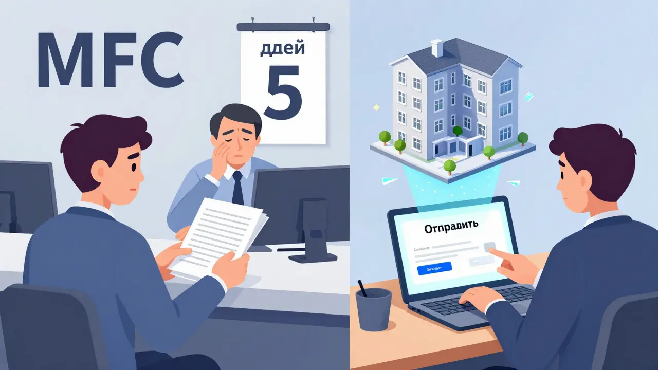 Сравнение медленного МФЦ и быстрой подачи через Госуслуги.