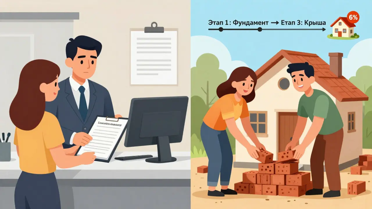 Супруги подают документы в банке, а справа их дом строится по этапам с обозначенными этапами.