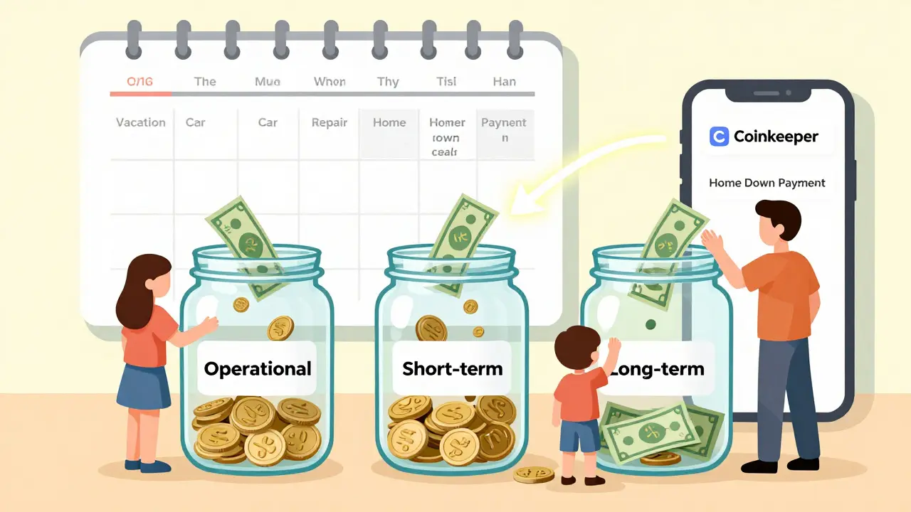 Три прозрачные банки для финансов с монетами, входящими в них, на фоне календаря с целями и приложением для учета расходов.