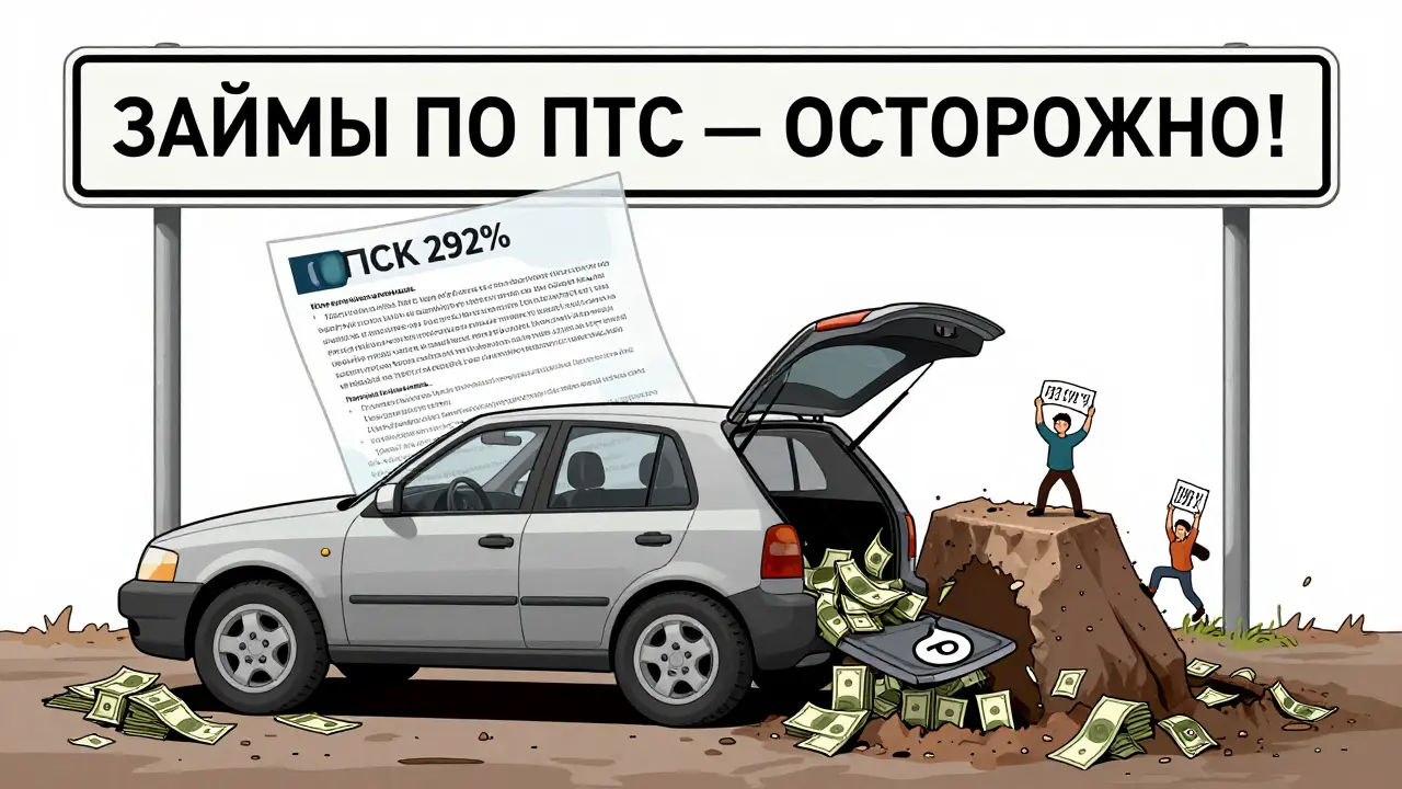 Автомобиль-ловушка с процентной ямой, надпись предупреждает о рисках займов под ПТС в 2026 году.