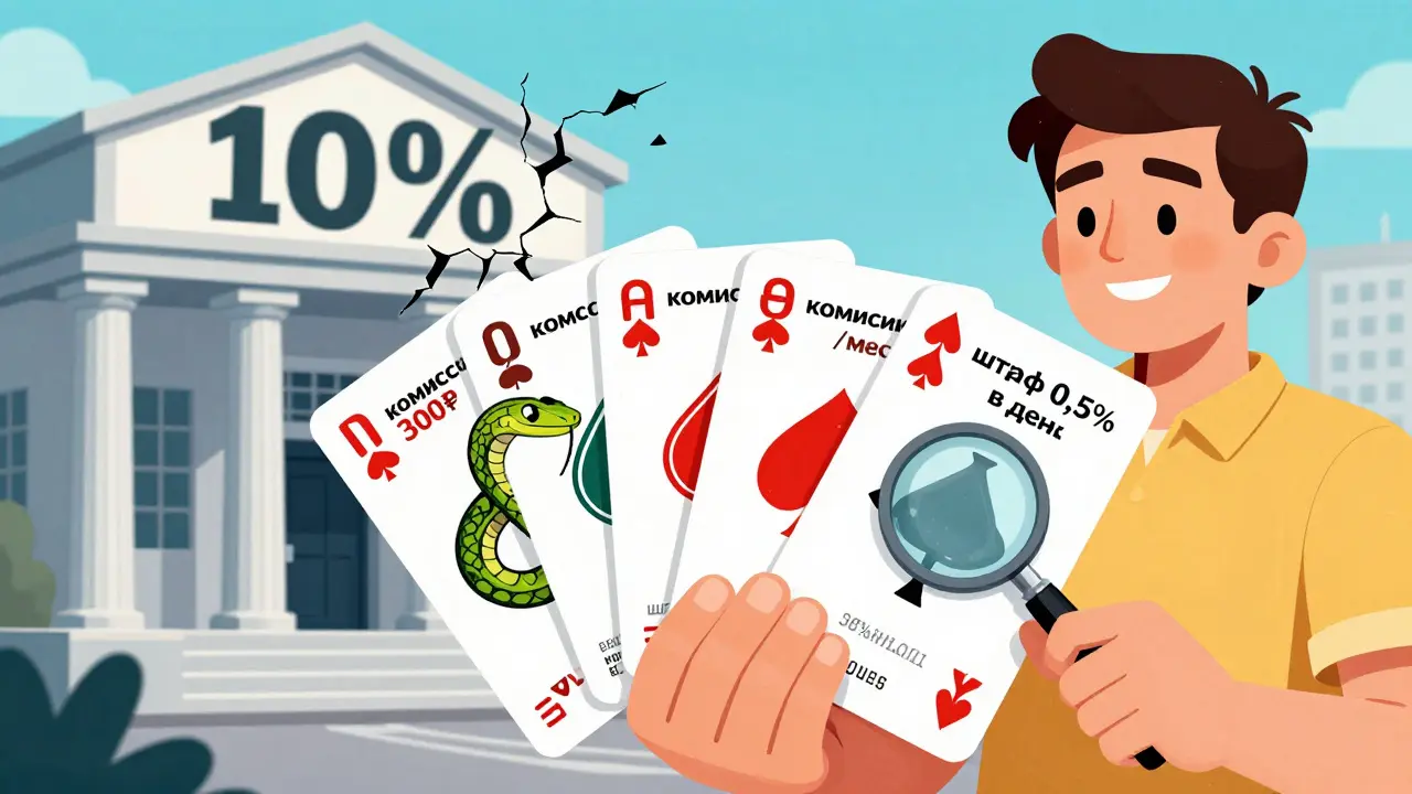 Человек держит пять кредитных предложений, скрытые комиссии видны под лупой.