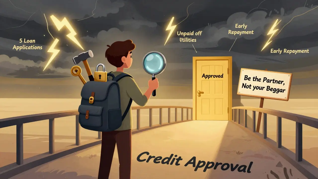 Человек идет по мосту к одобрению кредита с инструментами финансовой ответственности