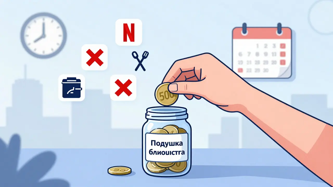 Человек кладет монету в банку с надписью 'Подушка безопасности', рядом — закрытые подписки.