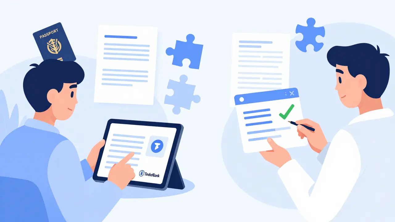 Человек открывает вклад онлайн через приложение Тинькофф, загружая паспорт и подтверждение адреса за границей.