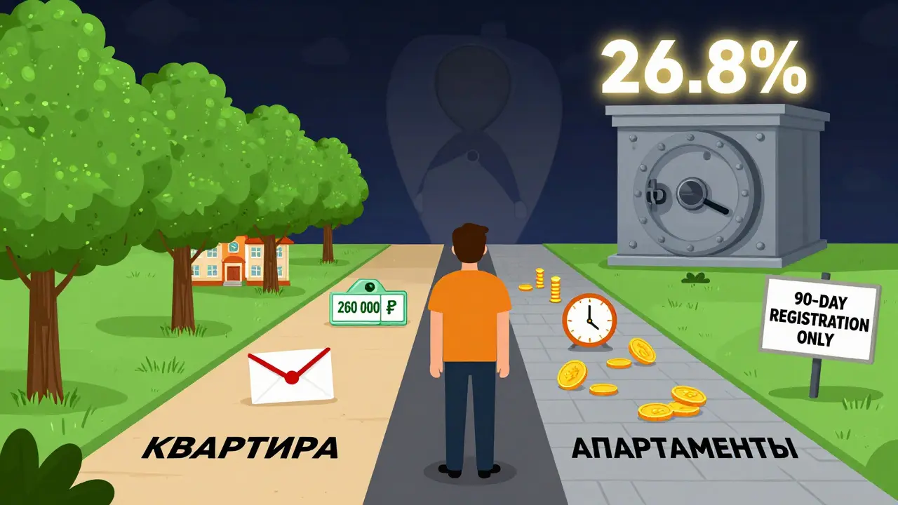 Человек стоит между путями: один ведет к жилому дому с льготами, другой — к апартаментам с высокими расходами и ограничениями.