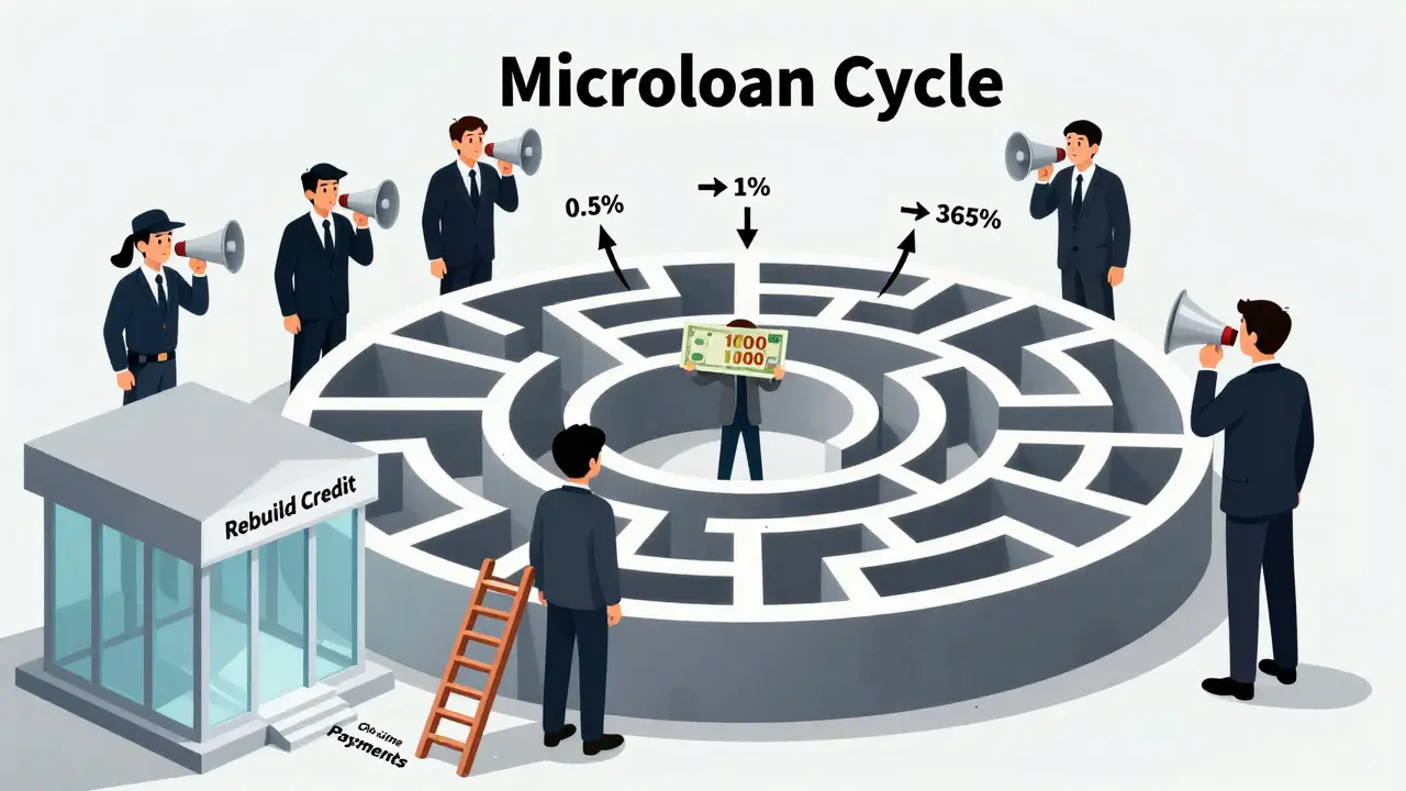 Человек в лабиринте долговой ловушки микрозаймов, снаружи — путь к финансовой стабильности.