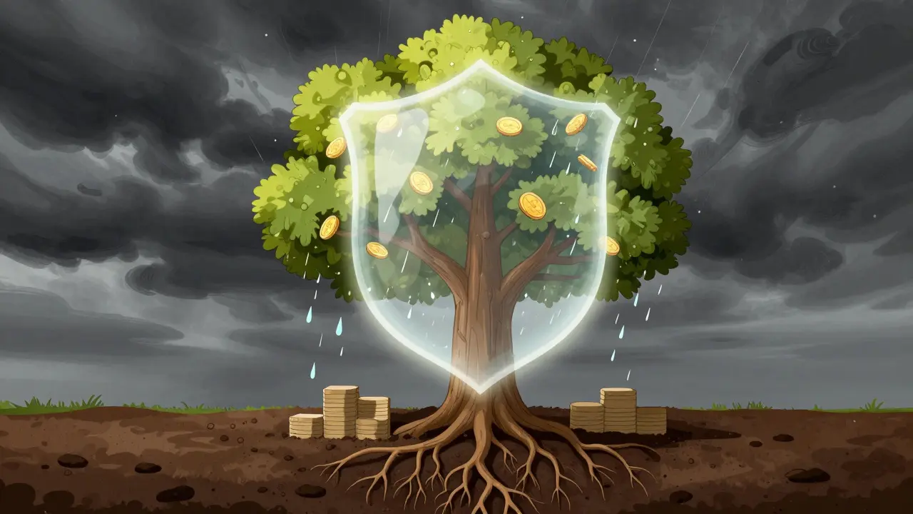 Дерево с монетами растет несмотря на штормовые облака рынка