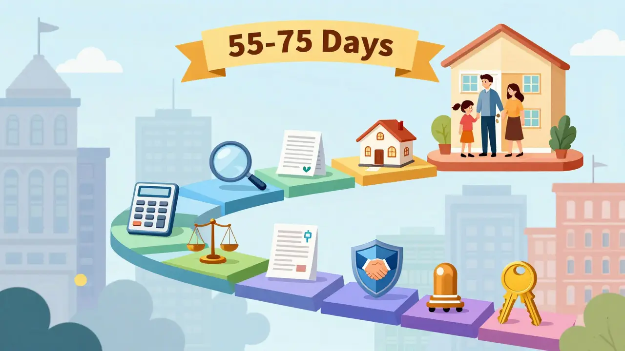 Десять шагов к квартире по ипотеке, изображённые как цветная лестница с иконками от заявки до ключей