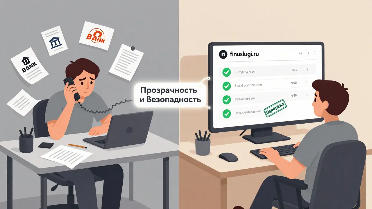 Два сценария: хаотичный поиск кредита слева и упрощённое сравнение на платформе справа с чёткими условиями и замком безопасности.
