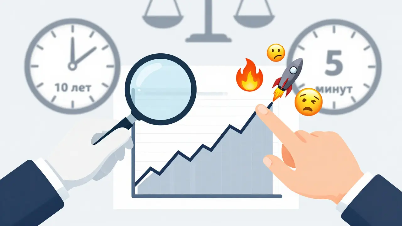 Две руки на графике акций: одна анализирует отчеты, другая ловит спекулятивный всплеск с часами.