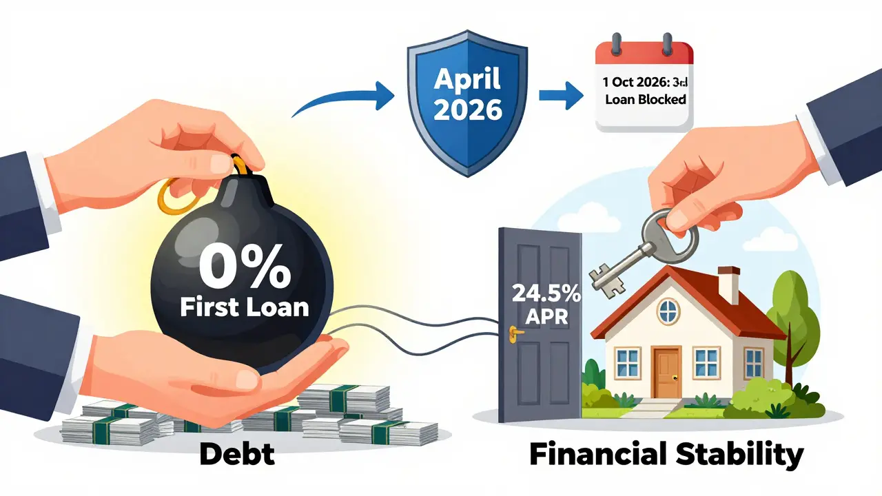 Две руки: одна держит взрывоопасный микрозайм, другая — ключ к банковскому кредиту и стабильности.