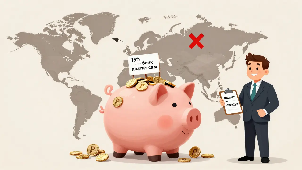 Копилка в форме России с рублями и долларами, налог 15% платит банк, евро и юани отвергнуты.