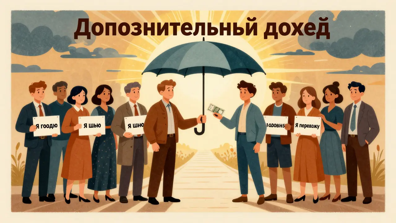 Люди предлагают свои навыки — готовку, шитье, переводы — под общим зонтом 'Дополнительный доход'.