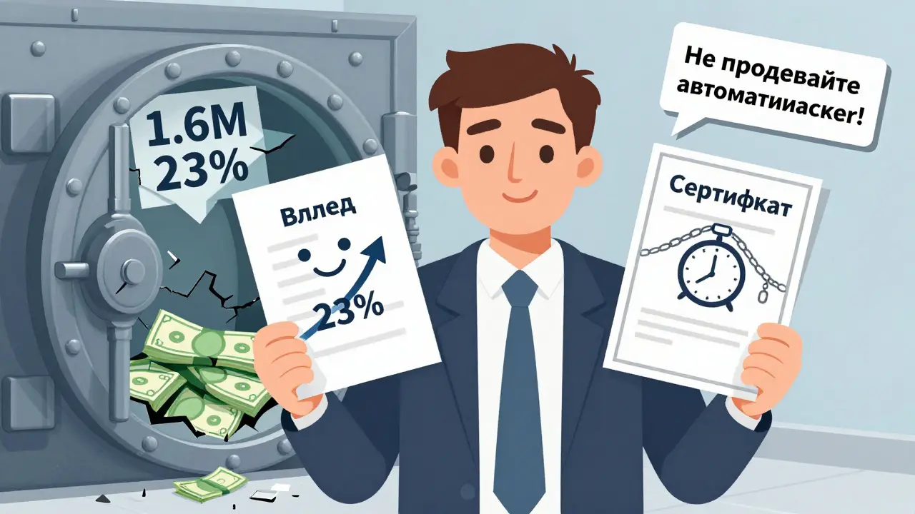 Мужчина держит вклад и сертификат, один с высокой ставкой, другой с блокировкой на 3 года и потерянными деньгами.