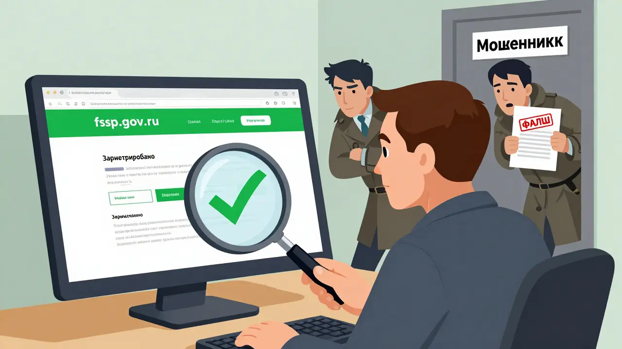 Мужчина проверяет компанию на официальном сайте, мошенники пытаются проникнуть сквозь дверь.