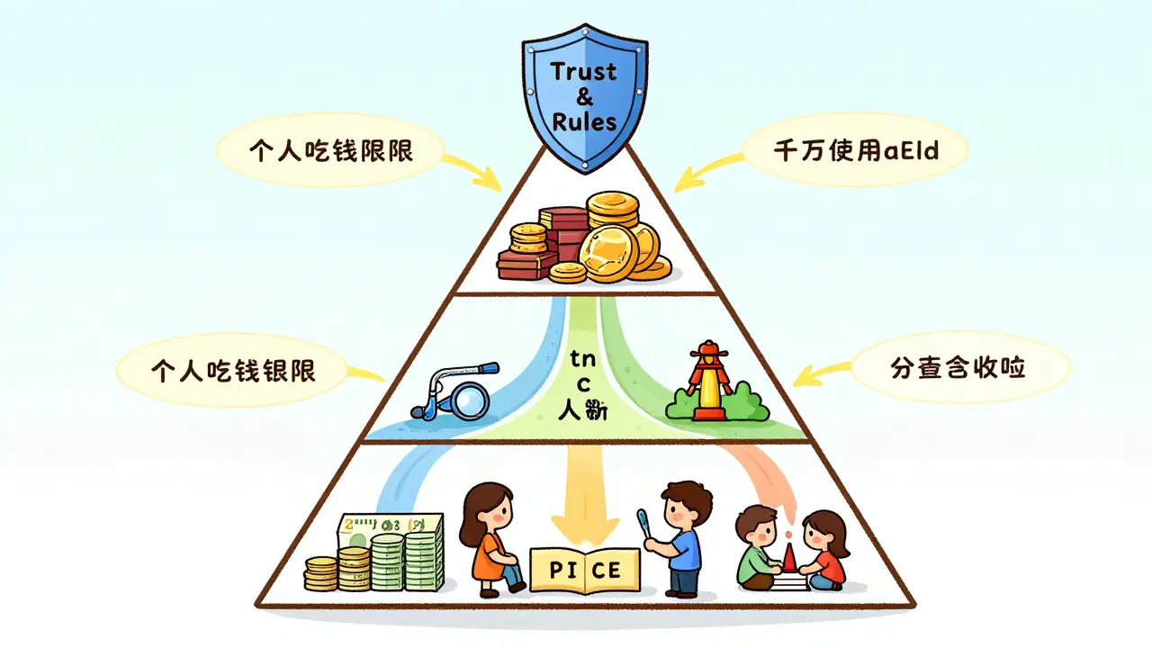 Пирамида управления семейными финансами: доходы, три модели трат и принципы доверия, изображенные в виде потоков и щита.